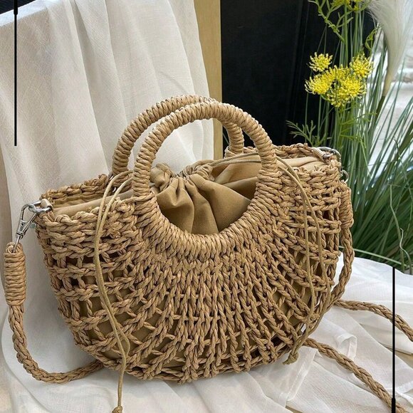 Handbags - Khaki Casual Women's Half-Moon Hollow Out Handbag